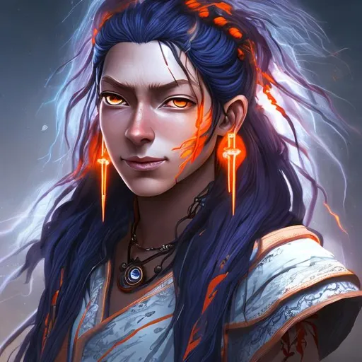 Prompt: 
female, 30 year old, 170cm, long, orange and blue untied hair, with minute black streaks in her hair, deep orange eyes, blue lightning earrings in both ears, white skin, long shot, highest quality, elder scrolls art