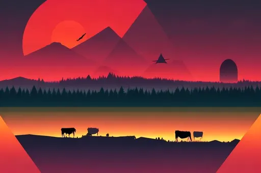Prompt: Multiple layers of silhouette {cows}, with silhouette of {ufo}, sharp edges, at sunset, with heavy fog in air, vector style, horizon silhouette Landscape wallpaper by Alena Aenami, firewatch game style, vector style background