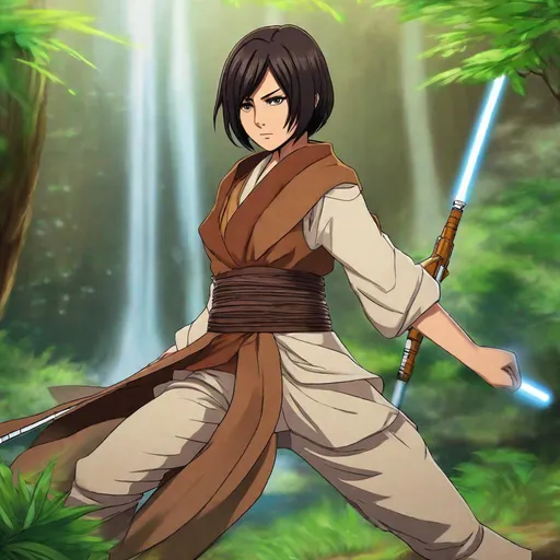 Prompt: full figure. Mikasa from attack on Titans as a jedi knight. Detailed, well draw face. star wars art. star wars. 2d.  rpg art. 2d art. 2d.