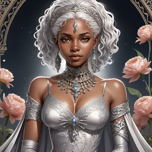Prompt: tarot card Anime illustration, a silver-haired African woman, full body detailed ornate legging, dramatic lighting, elegant woman , detailed beautiful face, dress with guipure insert, legging lace insert and gloves, photorealistic elegance, realistic body and face features, high detail, naturally, high detail, middle close-up, bloom light effect, dry watercolor, color sketch art 