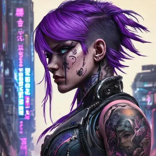 Prompt: raw photography, best quality, masterpiece, realistic, detailed, woman, sfw, arm tattoo, cyberpunk fashion, Short pixie with long straight hair and undercut, big purple eyes, (looking at viewer:1. 2), (high angle shot:1. 3), colorful tattoos, blue and pink hair, detailed background, Sabine Wren, in the night city, portrait, smiling, seductive look, night, close up face shot, soft lights, 8k, realistic, Nikon z9, raytracing, focus face