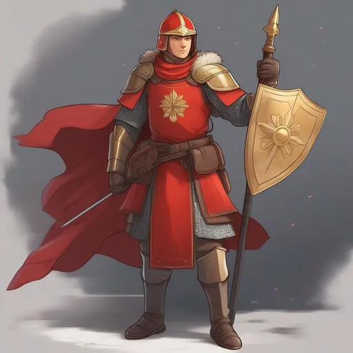 Prompt: A russian medieval soldier. He wears a shield and a spear. light hide armor. Red mantle and tunic. A golden lion on the chest. Donskoy helmet. anime art. akira art. rpg art. star wars art. 2d art. 2d.  