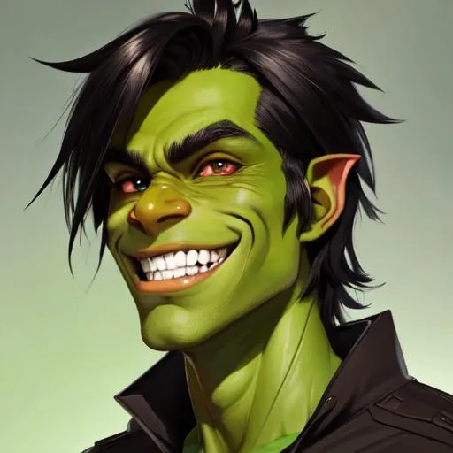 Prompt: a portrait of a handsome male goblin, cut ears, long tangled black hair. dark brown and green skin tone, chaotic, exaggerated grin showing human teeth, wide face, slight and wiry, digital art, popular on Artstation