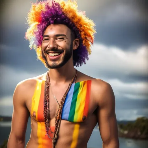 Prompt: realistic photo, male, queer, gay, rainbow, smiling, pride, handsome, hippie, unique