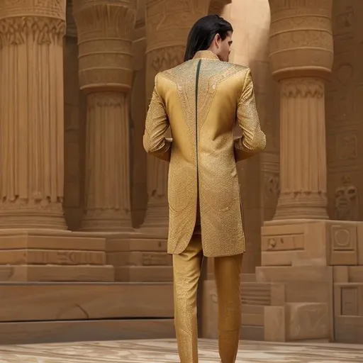 Prompt: A modern youth suit, golden color with Pharaonic engravings