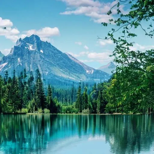 Prompt: nature scene of a calm crystal blue lake with large mountain in the background and small island in the foreground with trees, plants, and flowers, 4k, HDR, digital art, by Risa rodil, Dribbble, backgrounds, travel, landscape