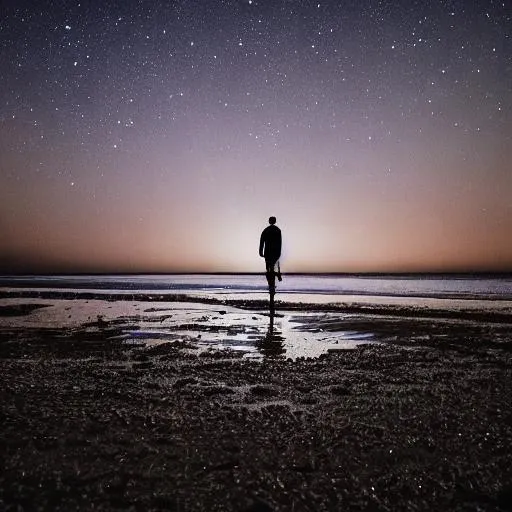 Prompt: A man facing backwards in a beach at night and it needs to be dark