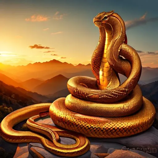 Prompt: Lord serpent, lord naga, , Snake human, Snake god, God of snakes, upper body human male body, lower body snake, beautiful and peaceful face, highly detailed snake skin, meditating in hills. Surrounded by himalayas. Sunset in the background. Surrounded by snakes. 