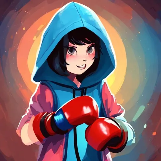 Prompt: a girl who likes boxing and wears a blue hood. She likes the colours blues and black. She is mischievous, but kind