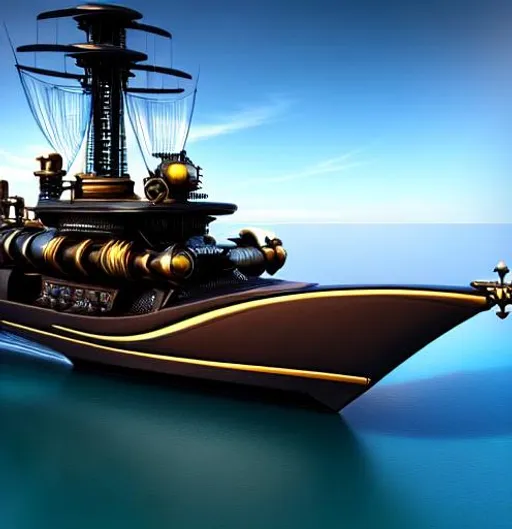 Prompt: Steampunk boat With multiple weapons, hyper detailed, futuristic, hyper realistic, Futuristic, cyberpunk setting 