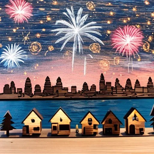 Prompt: Tiny wooden city, friends, 4th of July, fireworks in the air, starry night at the lake and cabin

