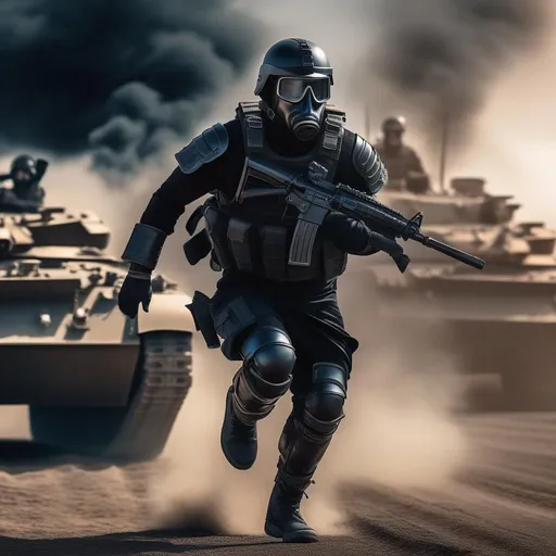 Prompt: A modern roman military male in black military roman armor, and gas mask, running, background sci fi war tanks, Hyperrealistic, sharp focus, Professional, UHD, HDR, 8K, Render, electronic, dramatic, vivid, pressure, stress, nervous vibe, loud, tension, traumatic, dark, cataclysmic, violent, fighting, Epic