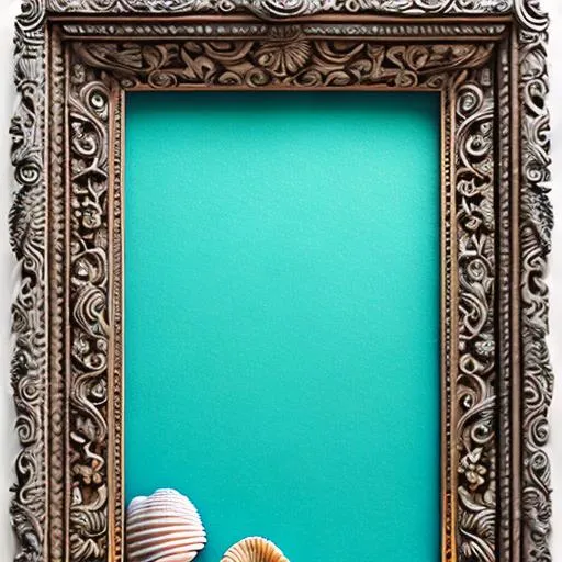An narrow ornate carved picture frame with sea shell openart