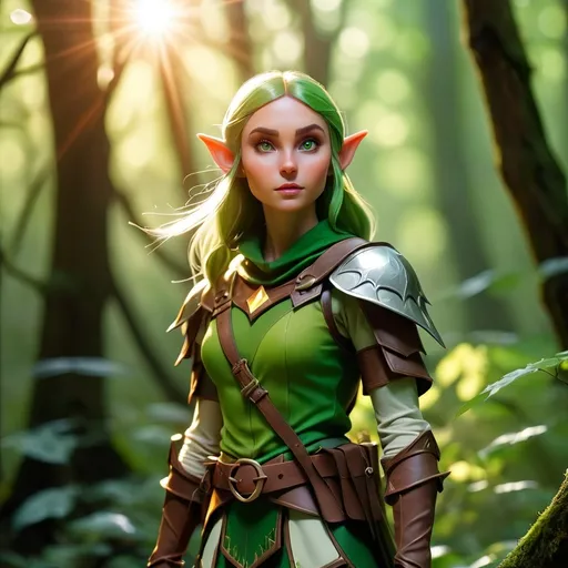 Prompt: Elf ranger in a mystical forest around sunlight