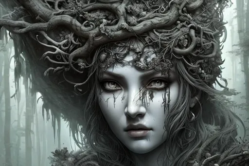 Prompt: goddess of the forest hyper detailed extremely realistic dark cinematic UHD in the style of Andy Park 