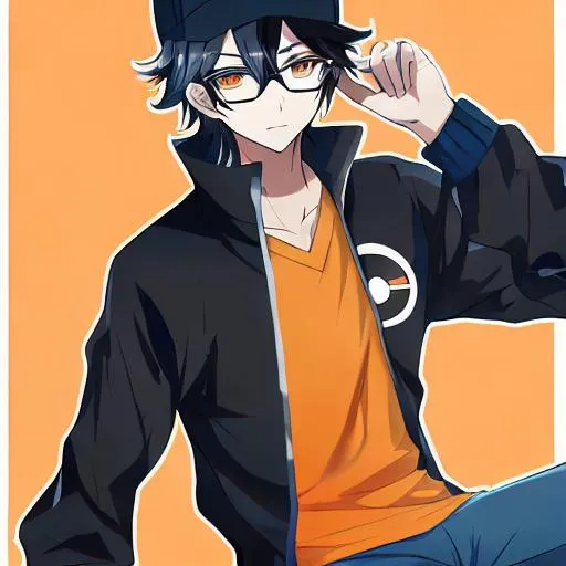 Pokemon trainer. boy age 12. short brown hair. black glasses. pokemon style  on Craiyon