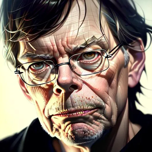 Prompt: concept art portrait of Stephen King by Greg Rutkowski, Artgerm, WLOP, Calm face, facecam, ultra-fine details, intricate scene, studio lighting, soft glow, elegant, symmetrical facial features, accurate anatomy, anatomically correct, sharp focus, artgerm