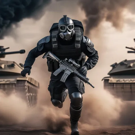 Prompt: A modern roman military male in black military roman armor, and gas mask, running, background sci fi war tanks, Hyperrealistic, sharp focus, Professional, UHD, HDR, 8K, Render, electronic, dramatic, vivid, pressure, stress, nervous vibe, loud, tension, traumatic, dark, cataclysmic, violent, fighting, Epic