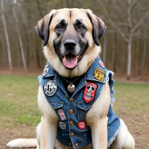 Prompt: Anatolian Shepherd wearing a heavy metal music denim vest with patches
