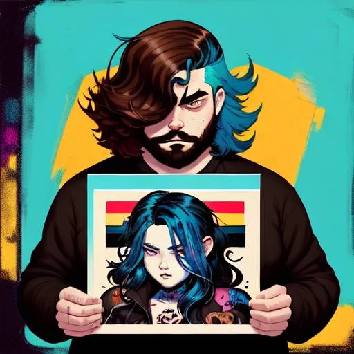 Prompt: a colorful comic noir illustration painting of a large scruffy boy by sachin teng and sam yang! in style of digital art, symmetry, sci fi, hyper detailed. octane render. long wavy brown hair, tattoo, grunge, warm,  holding a colorful comic noir illustration painting of a blue haired girl