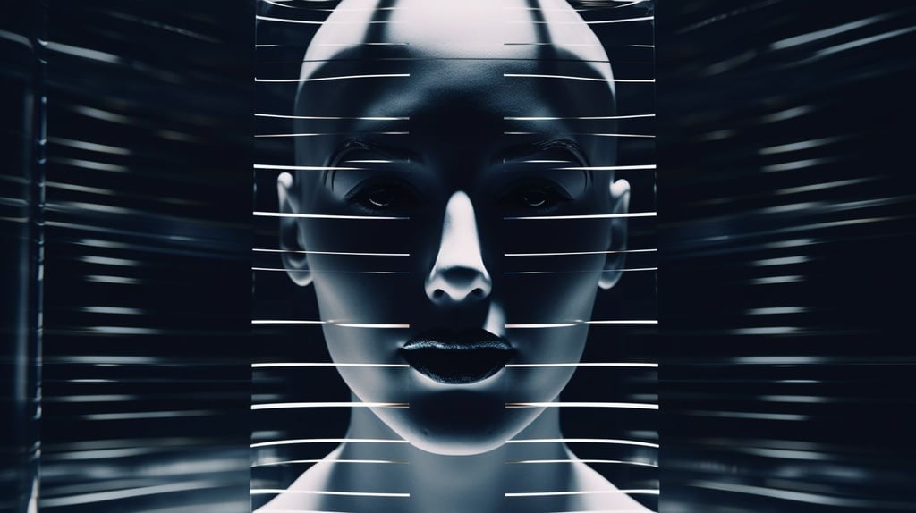Prompt: a picture of a head within a glass, in the style of video feedback loops, stripes and shapes, machine aesthetics, light silver and dark navy, future tech, alex ross, calming and introspective aesthetic