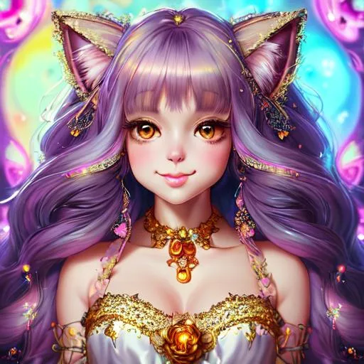 Prompt: Portrait Of A Cute Cat, Fluffy, Long Hair, Hyperdetalization Of Eyes, Lace, Beautiful Dress, Rhinestones, Sequins, Kind Face, Cute Smiles, Soft Facial Features, Thick Eyelashes, Jewelry, Lisa Frank, Anime, Anna Dittmann, Fantasy Art, Concept Art, Colourful Lighting, Golden Hour, anime Character Design, Unreal Engine, Vintage Photography, Beautiful, Tumblr Aesthetic, Retro Vintage Style, Hd Photography, Hyperrealism, Beautiful Watercolor Painting, Realistic, Detailed, Painting By Olga Shvartsur, Svetlana Novikova, Fine Art, Soft Watercolor