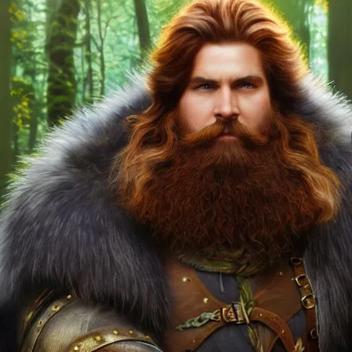 Prompt: oil painting, UHD, hd , 8k, , hyper realism, Very detailed, zoomed out view of character, full character visible, a Dungeons and Dragons Dwarf Druid with fur armor, he has redblonde hair and beard, wild dude