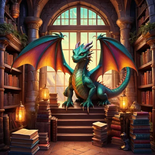 Prompt: Dragons and books in a fantasy library, vibrant colors, detailed scales and textures, magical atmosphere, high quality, fantasy, vibrant colors, detailed scales, magical atmosphere, grand opening, fantasy library, dragon illustration, detailed books, professional, vibrant lighting