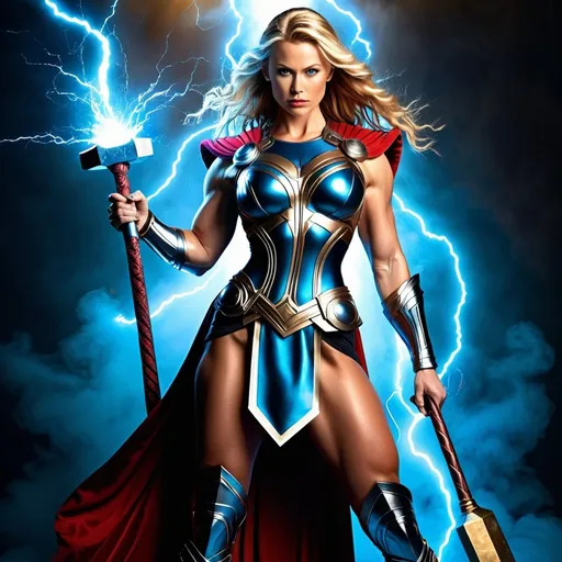 Prompt: HD 4k 3D 8k professional full-body modeling photo hyper realistic gorgeous ultra-muscular 25 years old Norse goddess bodybuilder enchanted Superheroine Thor with her hammer, ethereal Norse goddess, huge busom,  full body surrounded by ambient glow and lightning, highly detailed, 8 inch stiletto high heel shoes, intricate, beautiful superheroine style, magic powers, lighting, illusions, outdoor landscape, highly realistic woman, high fantasy background, elegant, mythical, surreal lighting, majestic, goddesslike aura, Annie Leibovitz style 

