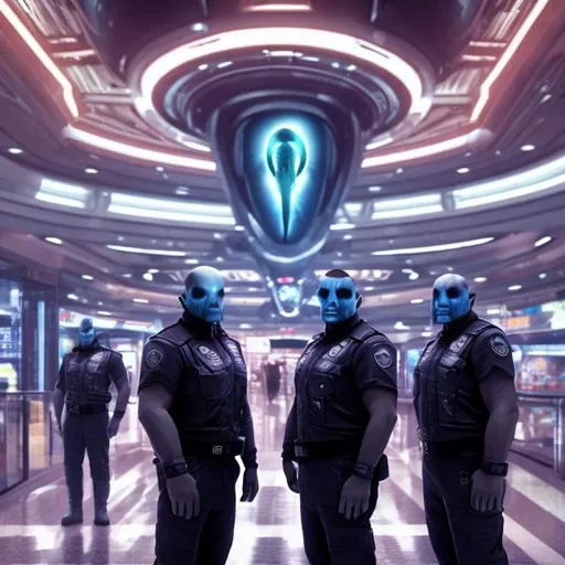 Prompt: Mastodon security guards in a busy alien mall, widescreen, infinity vanishing point, galaxy background, surprise easter egg