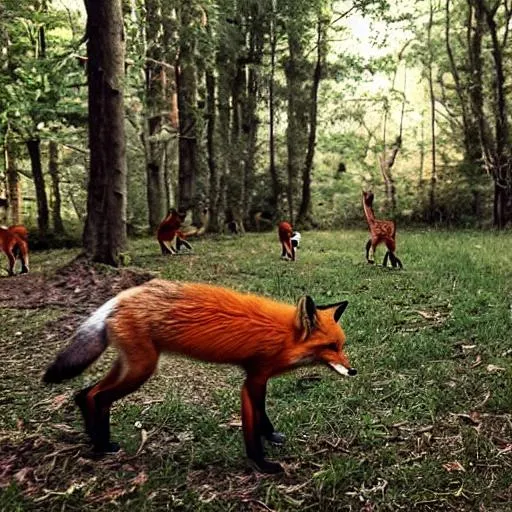 Prompt: Woods with dear, fox and other woodland creatures running around