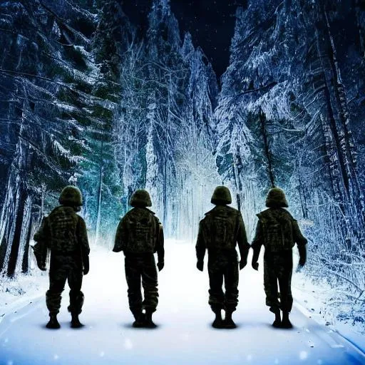 Prompt: Soldiers wearing gas masks walking through a snowy European forest at night with stars in the sky photo realistic 