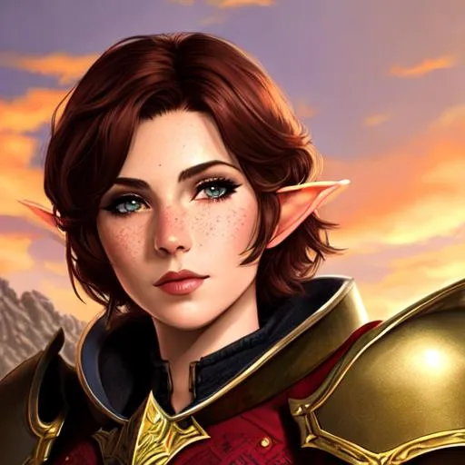 Prompt: dnd, elf, portrait, short hair, female, Illustration, heavy armor, full chestplate, scars, freckles, paladin