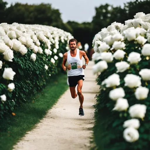 Prompt: Marathon runner running through field of white roses