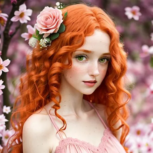 Prompt: Woman with  long, very curly ginger hair, green eyes, wearing a pink head dressing of flowers

