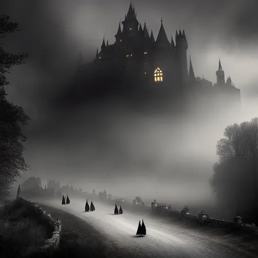 Prompt: ((Best Quality)), ((The masterpiece)), ((realistic)) ((victorian vampiric Dracula Gothic carriage)) with Mina Harper interior, Dracula's  Brides flying over trying to attack Mina, and  2 black horses pulling the carriage, in the fog year 1880, going to a ((Gothic Dracula Castle)), ((hightly detailed)), ((outstanding)), ((Cinematic )) ,((Gorgeus)), Realistic, HDR.