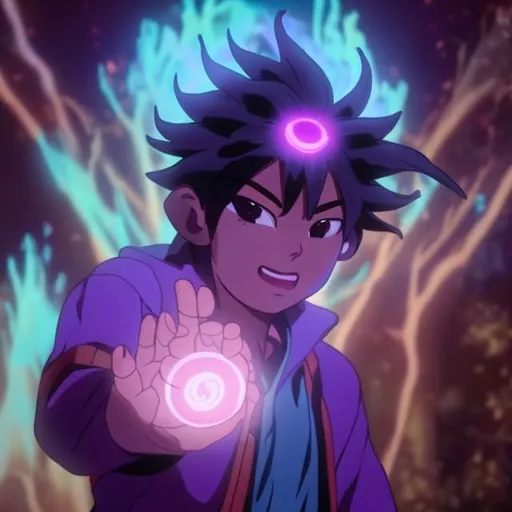 Prompt: an miya scene a girls manifesting a purple energy within his hand in a dark room with his friend