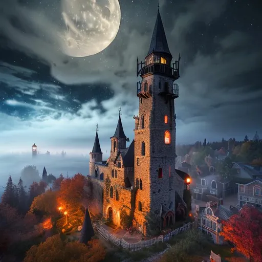 Prompt: long shot scenic professional photograph of {a misty Halloween town during autumn, night, visible tower with witch's hat as top}, perfect viewpoint, highly detailed, drone photo, wide-angle lens, hyper realistic, with dramatic sky, natural soft moonlight, vivid colors, everything in sharp focus, HDR, UHD, 64K, by William Trost Richards