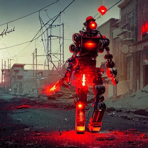 Prompt: Red cyberpunk warrior robot walking through fire and wires in an abandoned war zone town
