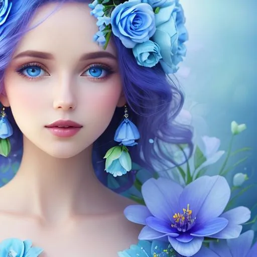 Prompt: beautiful woman, ethereal,dreamscape,, pale blue colors, flowers, closeup