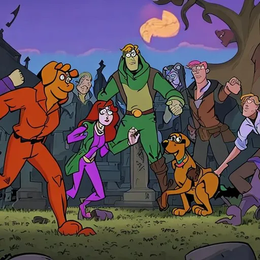 Prompt: Scooby-Doo and the gang hunting for Trump in a graveyard 