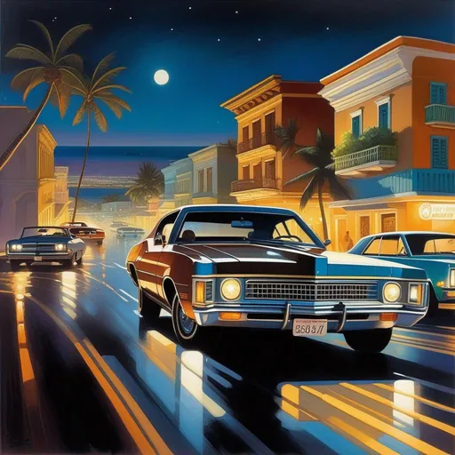 Prompt: 1970s, San Juan at night, car chase, warm atmosphere, cartoony style, extremely detailed painting by Greg Rutkowski and by Henry Justice Ford and by Steve Henderson