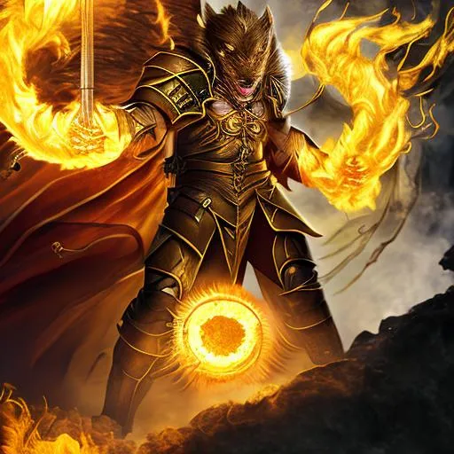 Prompt: Nikolas Dorn a dark brown haired Werewolf Cleric Of Light in full plate armor Golden Yellow Flame Holding The Sun Blade Fighting Hazama Terumi shooting three snakes at Nikolas, one snake impacting Nikolas' neck, chest, and stomach, spraying blood A green haired Serpent Of Darkness High res photograph