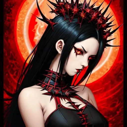 Prompt: A girl with red eyes and black hair. She has a scary glare. She's wearing a thorn crown and a fiery dress,
 anime character, background digital painting, digital illustration, extreme detail, digital art, ultra hd, vintage photography, beautiful, tumblr aesthetic, retro vintage style, hd photography, hyperrealism, extreme long shot, telephoto lens, motion blur, wide angle lens, deep depth of field, warm, anime Character Portrait, Symmetrical, Soft Lighting, Reflective Eyes, Pixar Render, Unreal Engine Cinematic Smooth, Intricate Detail, anime Character Design, Unreal Engine, Beautiful, Tumblr Aesthetic,  Hd Photography, Hyperrealism, Beautiful Watercolor Painting, Realistic, Detailed, Painting By Olga Shvartsur, Svetlana Novikova, Fine Art