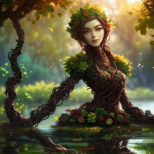 Prompt: Anime, Beautiful Treant woman, colorful flowers (wooden skin:1.3), brown straight vines, face made out of vines, flowers, waist deep in water, by wlop