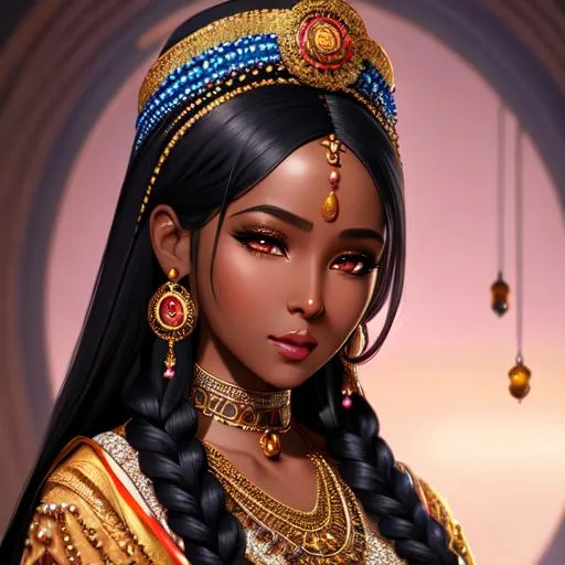 Prompt: 64K, Portrait of an Somalian woman {character} with dark tan skin, long braided black hair and with a heart-shaped face, beads, dark eyes, {background}, perfect composition, by Yuumei, stanley artgerm lau, wlop, rossdraws, concept art, digital painting, looking into camera, intricate ornament on his suit, castle background, colorful ambient, colorfull, HDR, 64K