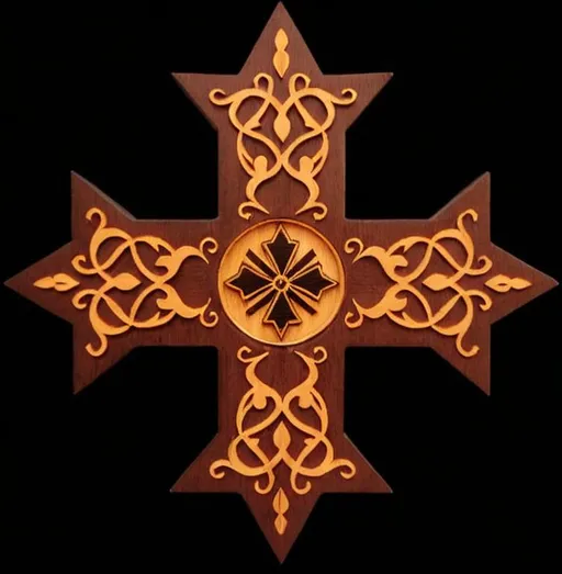 Prompt: Simple squared oak wood sculpture of a coptic-cross icon in cool tones, intricate carving, detailed craftsmanship, high quality, traditional design, black and shining gold, dark wooden background. Use a black background.