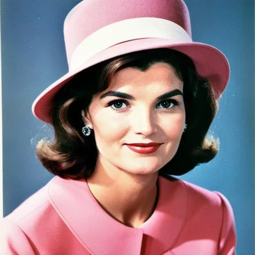 Prompt: Jackie Kennedy, pretty face, pink lips, 60s pillbox hat, closeup