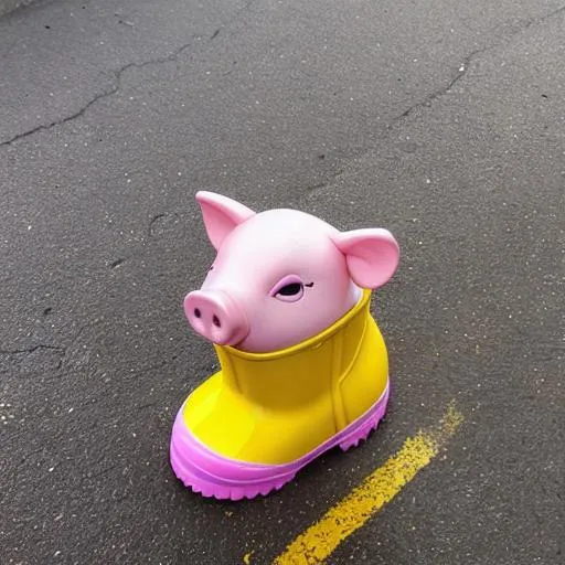 Cute little pink pig wearing yellow rain boots