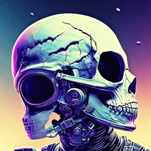 Prompt: skull head, astronaut, funky, neon navy blue, to the side shot, distorted space background 3d, unreal engin 5 